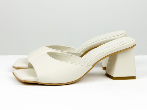 Дизайнерские шлепанцы молочного цвета  на обтяжном  каблуке из натуральной итальянской кожи, С-2216-08