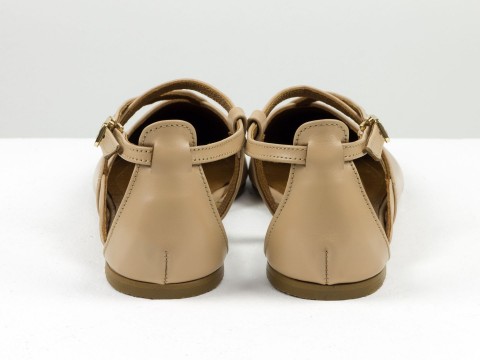 Жіночі туфлі на низькому ходу з натуральної шкіри кольору капучино з ремінцями та застібкою, С-2223-06