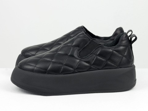 Женские черные туфли из натуральной стеганой кожи на утолщенной подошве, Т-2244-01