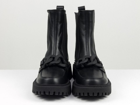 Жіночі чорні високі черевики з натуральної шкіри із чорним ланцюгом, Б-2203-03