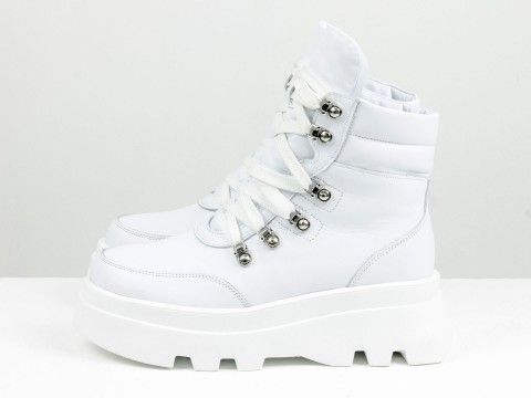 Ботинки белые  из натуральной белой кожи на облегченной подошве со шнуровкой, Б-2235-01