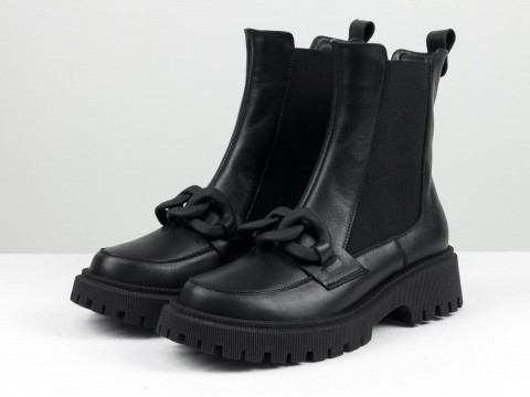 Жіночі чорні високі черевики з натуральної шкіри із чорним ланцюгом, Б-2203-03
