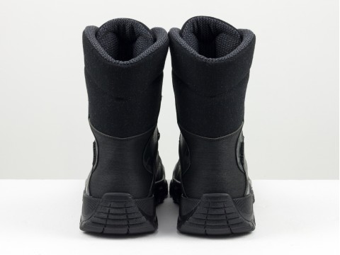 Чоловічі черевики берці чорного кольору з оздобленнями шкіри та камуфляжу, МК-2229-02