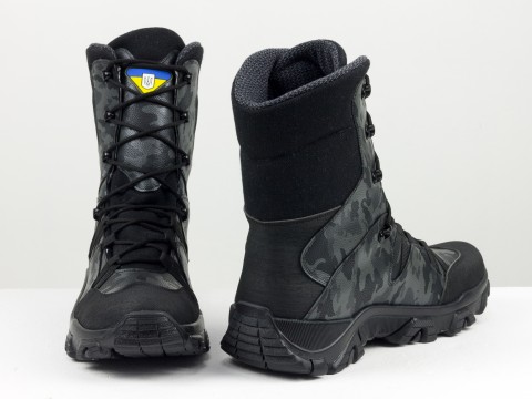 Чоловічі черевики берці чорного кольору з оздобленнями шкіри та камуфляжу, МК-2229-02