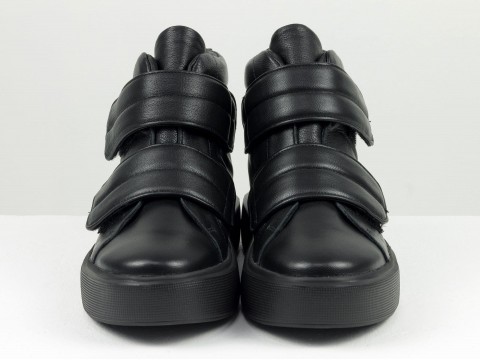 Жіночі черевики з натуральної м'якої ї шкіри чорного кольору з липучками на полегшеній підошві,  Б-2250-01