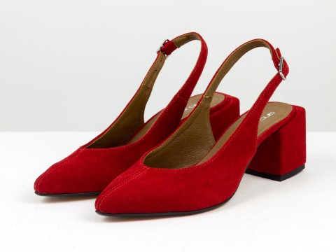 Червоні туфлі на квадратних підборах з відкритою п'ятою з натуральної замші на квадратному каблуці