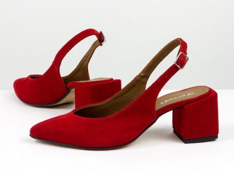 Червоні туфлі на квадратних підборах з відкритою п'ятою з натуральної замші на квадратному каблуці