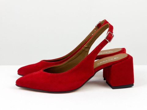Червоні туфлі з натуральної замші з відкритою п'ятою на квадратному каблуці, С-1909/1-06