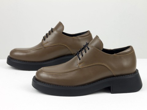 Жіночі коричневі туфлі дербі на полегшеній  підошві з натуральної коричневої шкіри, Т-2246-01