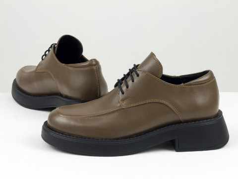 Жіночі коричневі туфлі дербі на полегшеній  підошві з натуральної коричневої шкіри, Т-2246-01