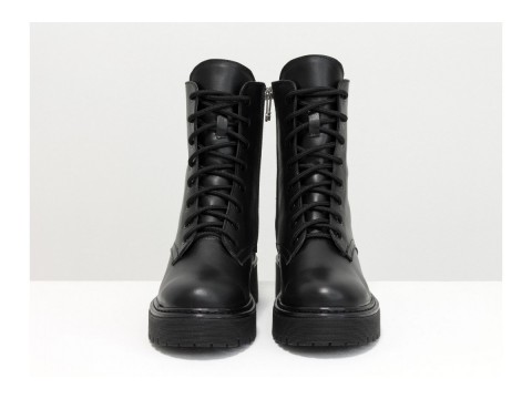 Женские ботинки из натуральной кожи черного цвета на шнуровке, Б-2069-04