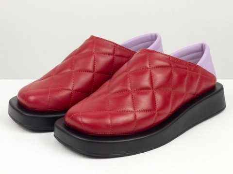 Ексклюзивні  жіночі червоно-лавандові туфлі з натуральної стьобаної шкіри на потовщеній чорній підошві, Т-2157-06