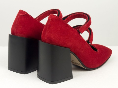 Дизайнерські туфлі з натуральної червоної замші на стійкому квадратному підборі, Т-2049-09
