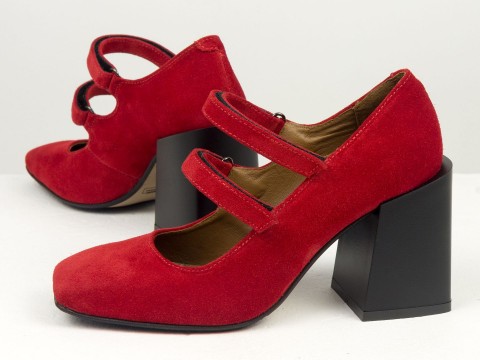 Дизайнерські туфлі з натуральної червоної замші на стійкому квадратному підборі, Т-2049-09