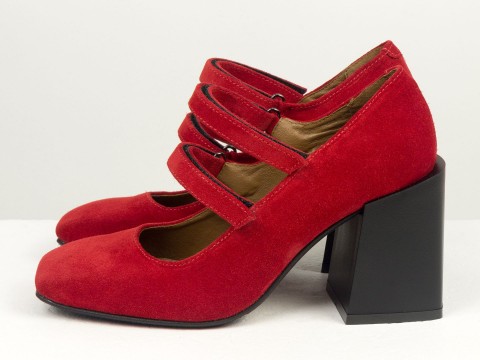 Дизайнерские туфли из натуральной красной замши на устойчивом квадратном каблуке,  Т-2049-09