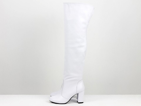 Белые высокие кожаные ботфорты на каблуке с молнией, М-18127-14