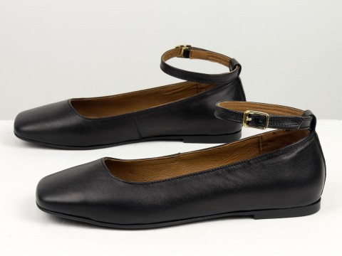 Літні туфлі з італійської шкіри чорного кольору на низькому ходу , Т-2320-02