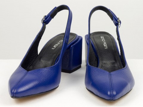 Сині туфлі з відкритою п'ятою з натуральної шкіри флотар  квадратному підборі