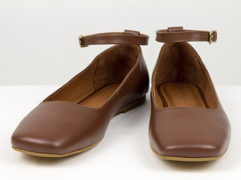 Літні туфлі з італійської шкіри  коричнево-рудого кольору на низькому ходу , Т-2320-05