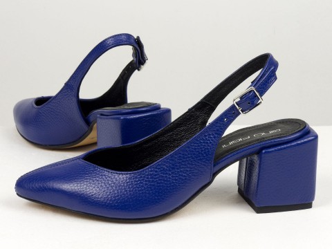 Сині туфлі з відкритою п'ятою з натуральної шкіри флотар  квадратному підборі
