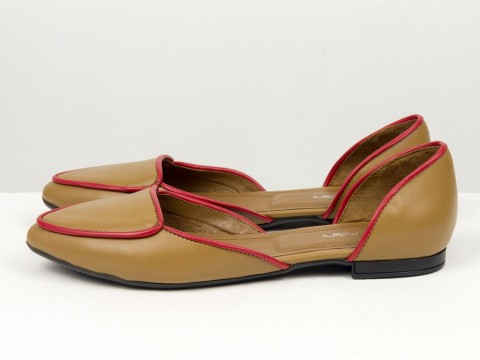 Туфли лодочки на низком ходу из натуральной кожи карамельно -красного цвета , Д-24-44