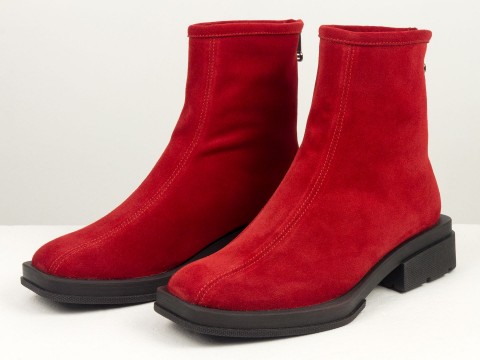 Жіночі черевики з натуральної червоної замші з квадратним носом, Б-2176-15