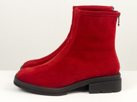 Женские  ботинки красного цвета из натуральной замши на низком каблуке, Б-2176-15