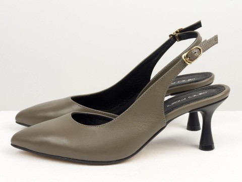 Коричневі туфлі з натуральної шкіри кольору сепія  з відкритою п'ятою на підборі рюмочка ,Т-2305-11