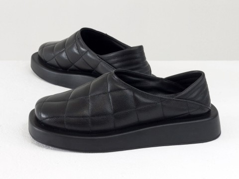 Женские черные туфли из натуральной стеганой кожи на утолщенной черной подошве, Т-2157-01