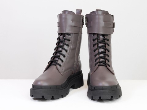 Жіночі черевики з натуральної бузкової шкіри на шнурівці та блискавкою, Б-2173-02