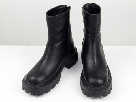 Жіночі чорні високі черевики з натуральної шкіри із  із блискавкою, Б-2167-10