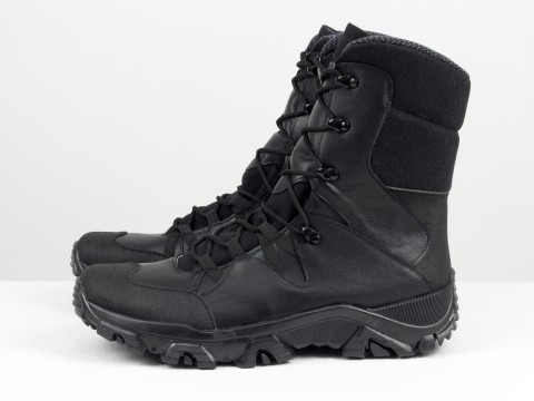 Мужские ботинки берцы черного цвета с отделками кожи и ткани , МК-2229-03