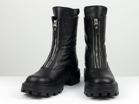 Жіночі черевики з натуральної чорної шкіри з блискавкою попереду на полегшеній підошві, Б-2179-02