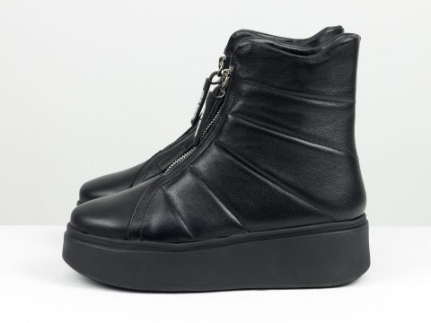 Высокие ботинки из натуральной черной кожи с молнией впереди , Б-2177-01
