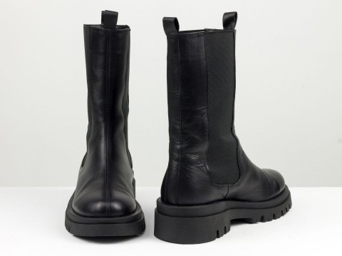 Завищені чорні черевики "челсі" з натуральної шкіри на потовщеній чорній підошві, Б-2078-11