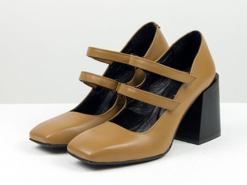 Дизайнерські туфлі з натуральної карамельної шкіри на стійкому  квадратному підборі, Т-2049-07