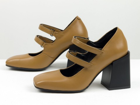 Дизайнерські туфлі з натуральної карамельної шкіри на стійкому  квадратному підборі, Т-2049-07