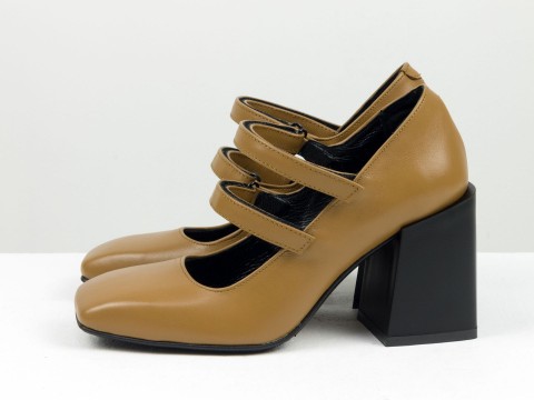 Дизайнерські туфлі із натуральної шкіри карамельного  кольору на стійкому квадратному підборі, Т-2049-07