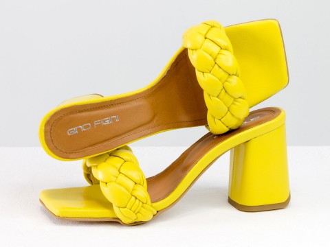 Дизайнерские  босоножки "косичка" на расклешенном  каблуке из натуральной итальянской кожи  ярко-желтого цвета