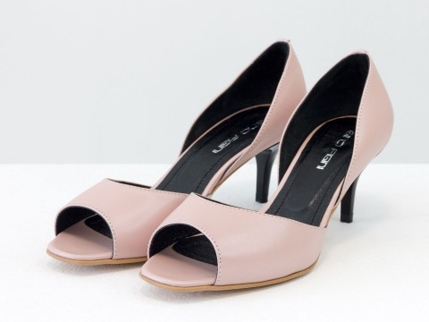 Літні туфлі з відкритим носиком на невисокій шпильці з натуральної шкіри рожевого кольору