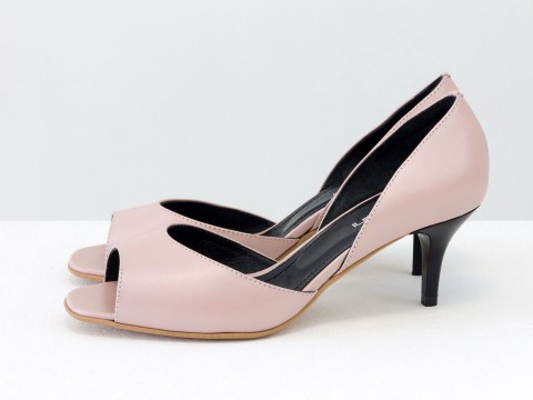 Літні туфлі з відкритим носиком на невисокій шпильці з натуральної шкіри рожевого кольору, С-1956-08