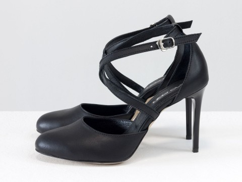 Туфли с ремешками крест на крест из черной кожи на шпильке, С-17043/2-02