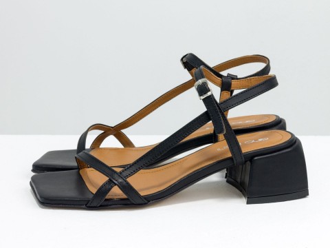 Дизайнерские черные босоножки на каблуке из натуральной итальянской кожи, С-2141-04