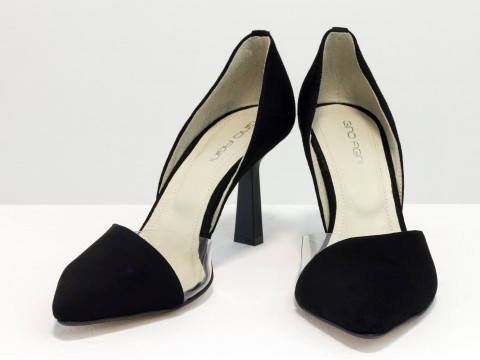 Туфлі човника на новому стильному підборі "рюмочка" з натуральної замші чорного кольору, Т-1928-01.