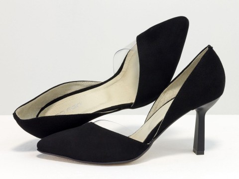 Туфлі човника на новому стильному підборі "рюмочка" з натуральної замші чорного кольору, Т-1928-01.