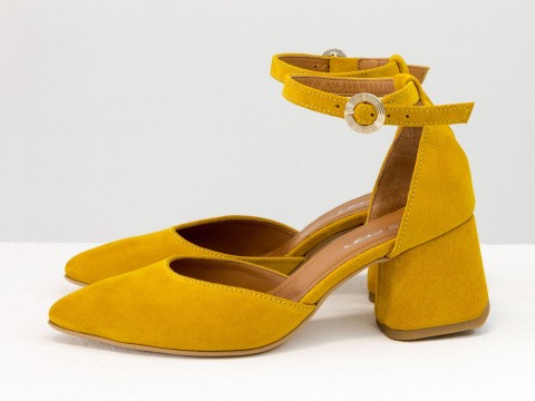Классические туфли из натуральной замши-велюр горчичного цвета на расклешенном каблуке, С-2013-03