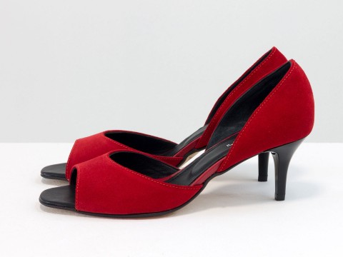  Летние туфли с открытым носиком на невысокой шпильке из натуральной замши красного цвета, С-1956-06