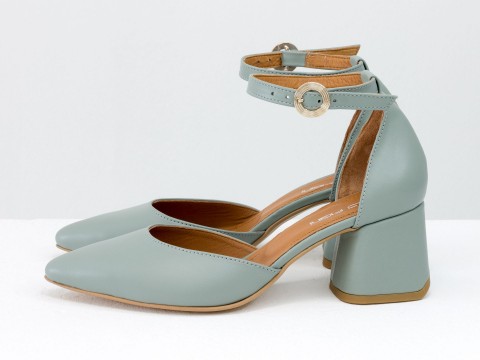 Классические серо-голубые туфли из натуральной кожи на расклешенном каблуке, С-2013-10