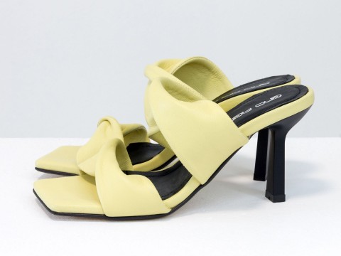 Дизайнерские желтые шлёпанцы на каблуке из натуральной мягчайшей  итальянской кожи, С-2137-01