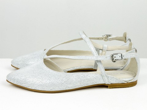 Женские серебряные туфли на низком ходу из натуральной кожи с ремешками и застежкой, С-2223-10